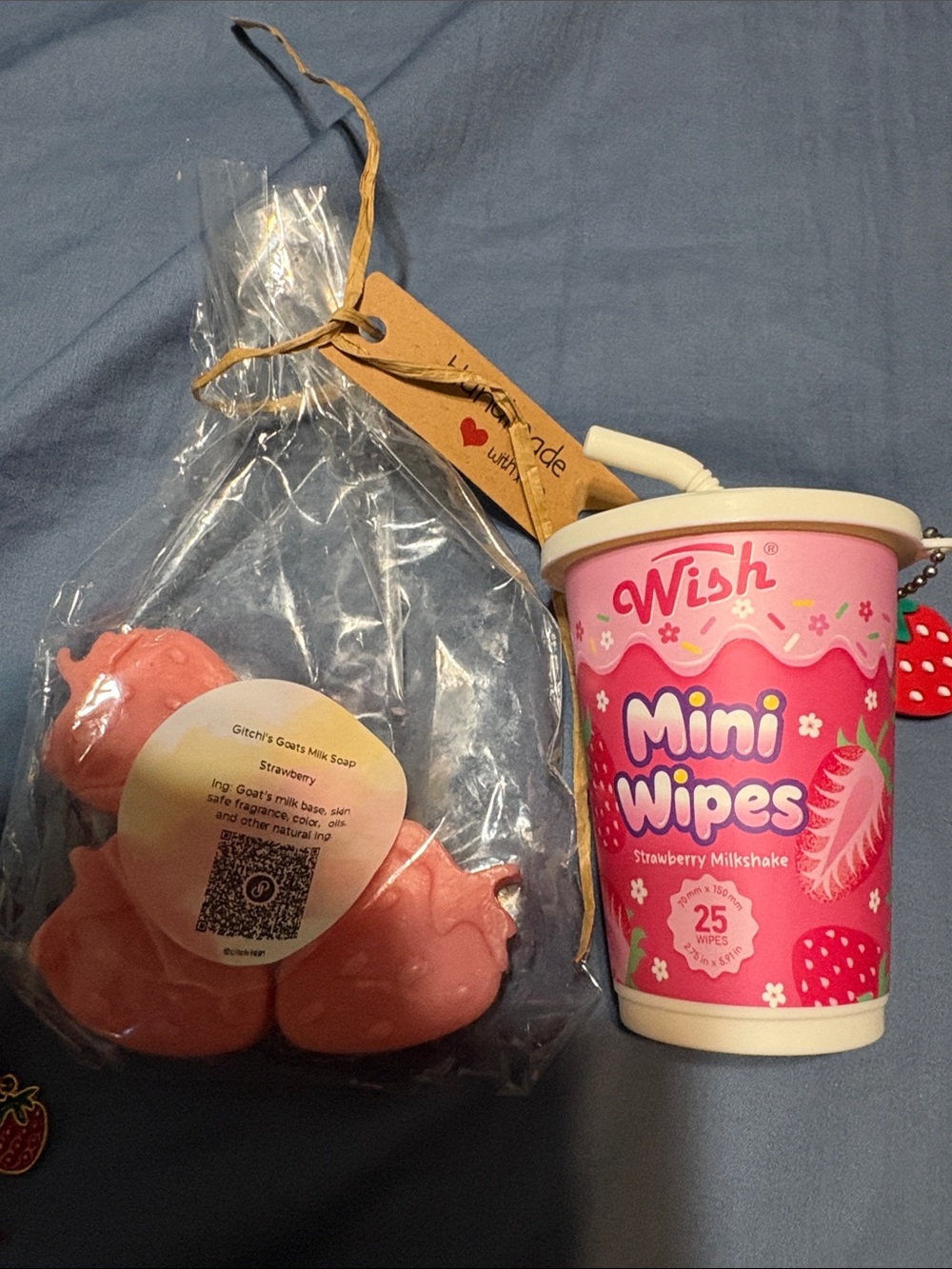 Strawberry Keychain Charm with bracelet and 3 strawberry mini goat milk soaps - Picture 9 of 17